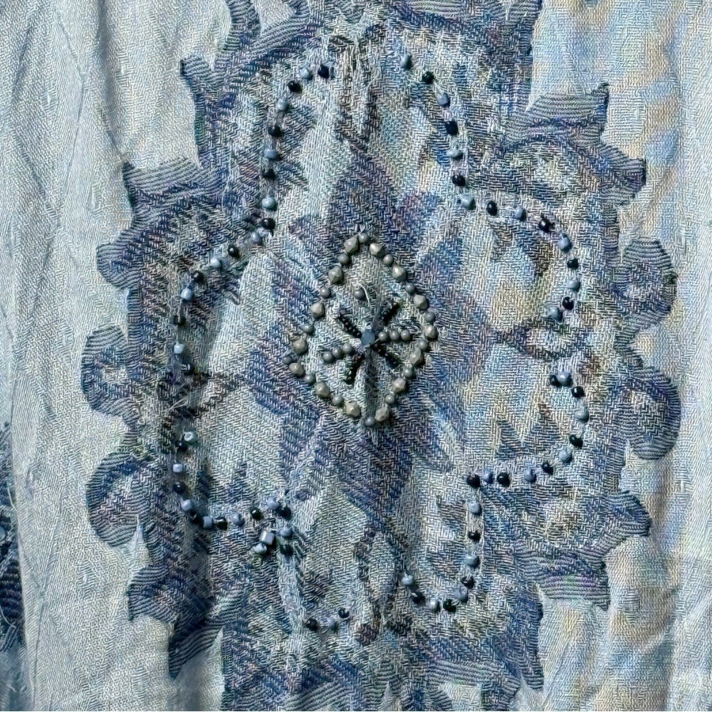 Chico's One Size Kimono Blue Open Cardigan 3/4 Sleeves Embroidered Beaded Sequin - Picture 8 of 10